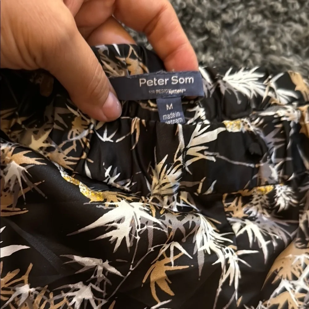 Peter Som Black Pants with Gold and White Leaf Pattern